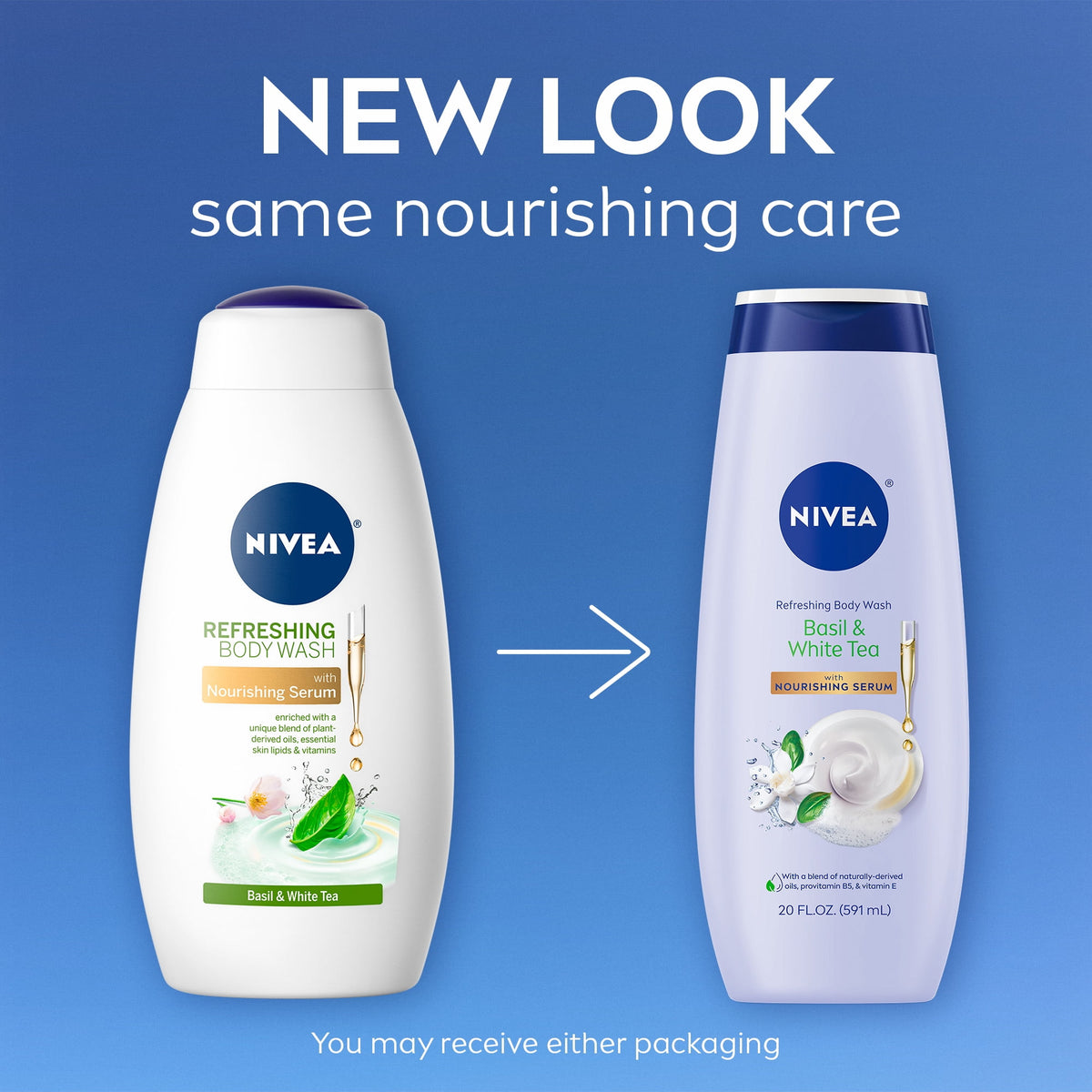 NIVEA Refreshing Body Wash for Women, Basil and White Tea, Nourishing Serum, 20 fl oz