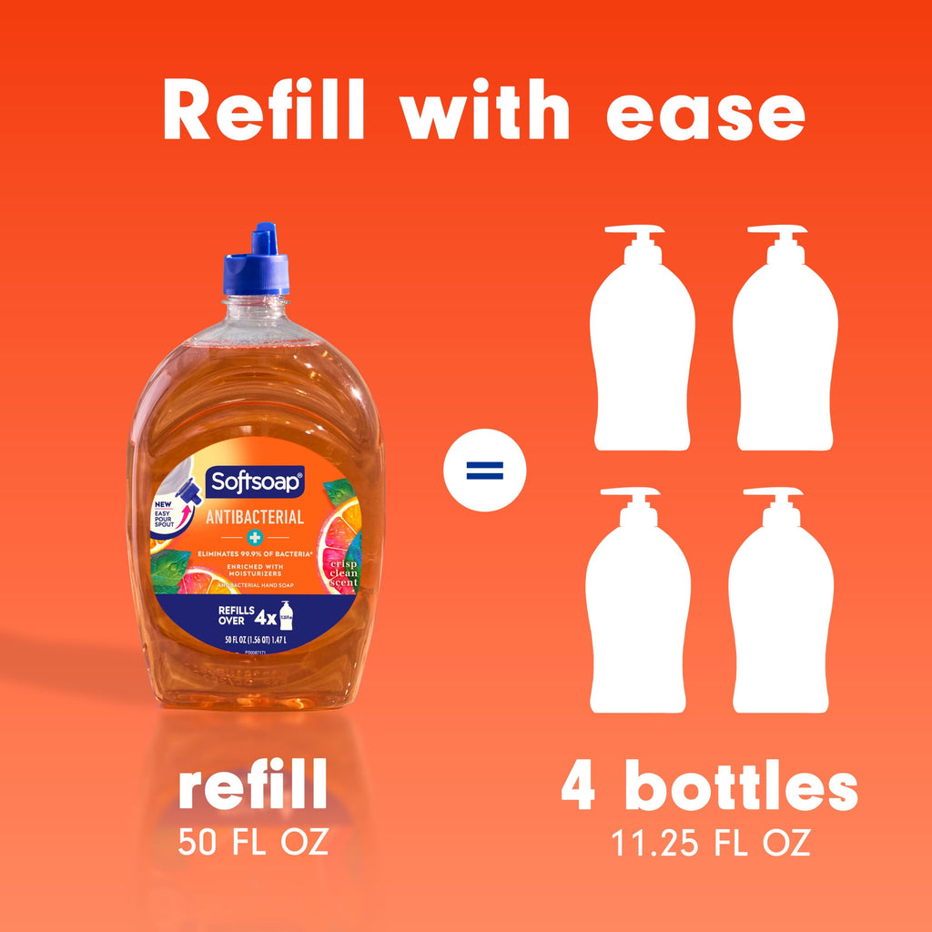 Softsoap Crisp Clean Antibacterial Liquid Hand Soap with New Easy Pour Spout, 50 fl oz Refill Bottle