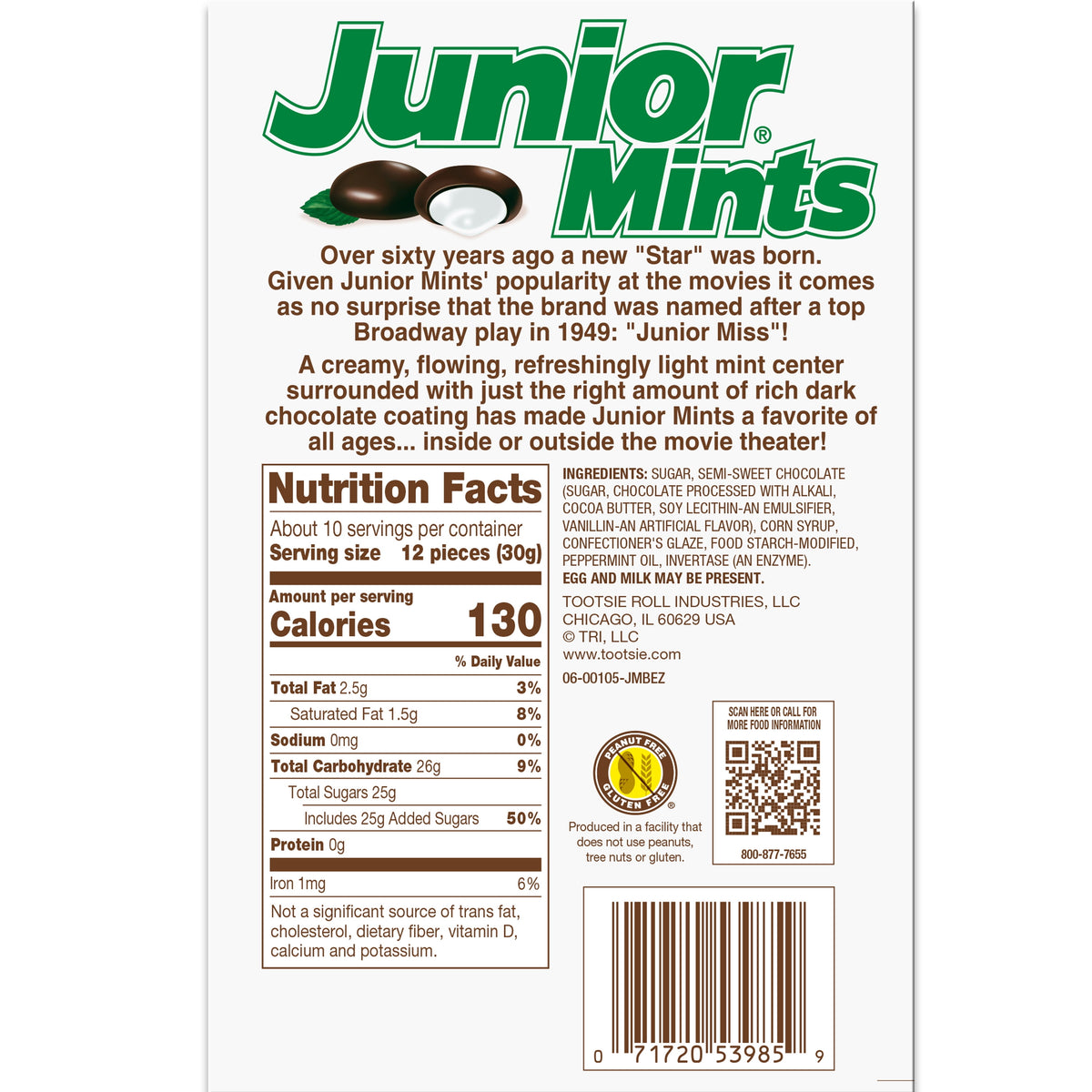 Junior Mints Dark Chocolate Mint Box, Allergen-Free, Kosher, 10.5 oz