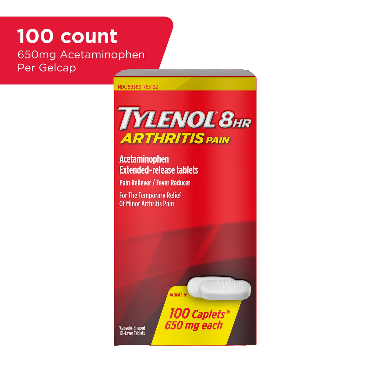 Tylenol 8 Hour Arthritis Fast, Strong Pain Relief, Acetaminophen 650 mg Extended Release, 100 Count