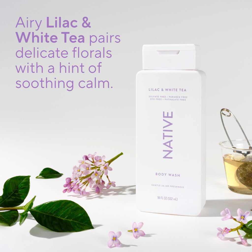 Native Body Wash for Women & Men, Sulfate Free, Lilac & White Tea Scent, 18 fl oz