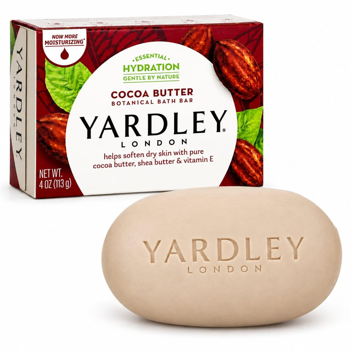 Yardley London Nourishing Bath Soap Bar Cocoa Butter, Helps Soften Dry Skin with Pure Cocoa Butter, Shea Butter & Vitamin E, 4.0 oz Bath Bar, 1 Soap