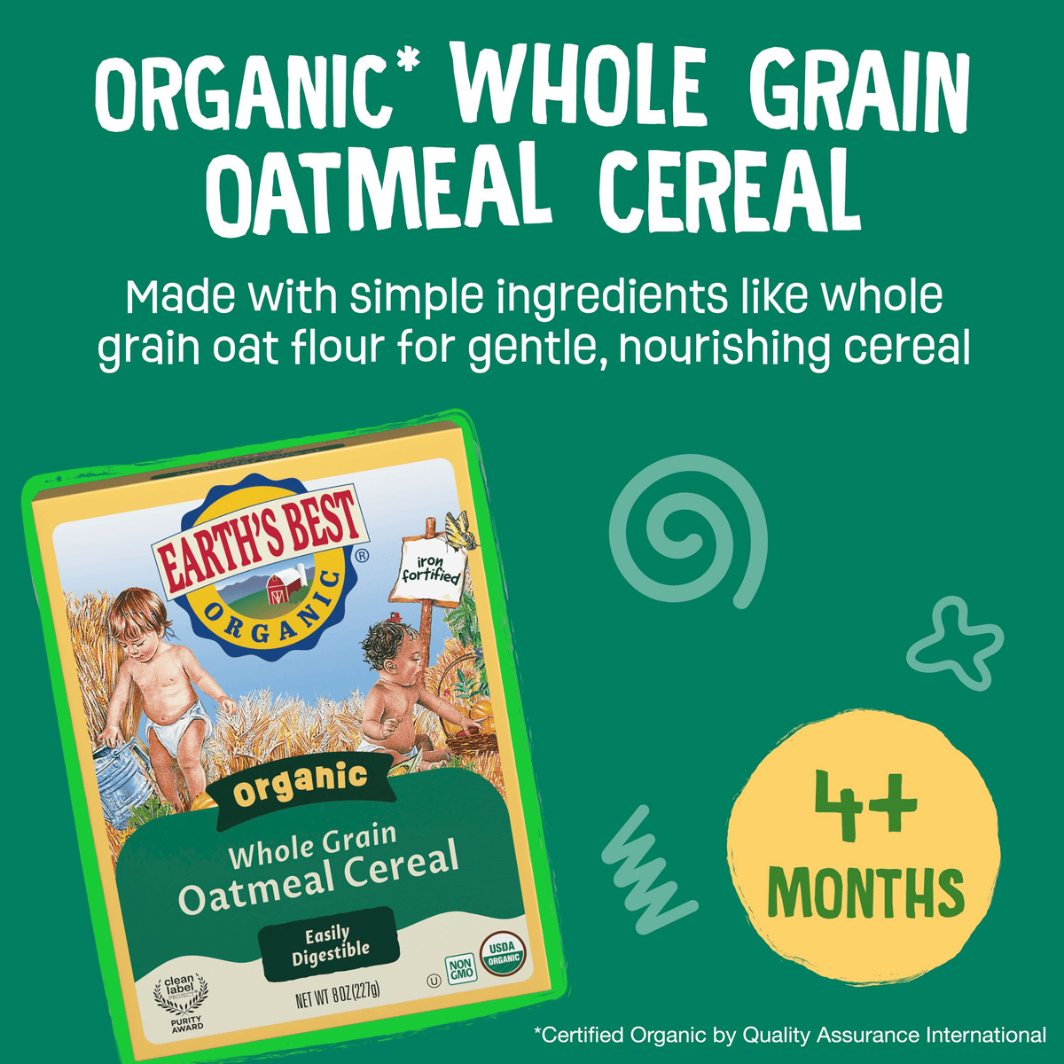 Earth's Best Organic Whole Grain Oatmeal Baby Infant Cereal 4+ Months, Clean Label , Non-GMO, Iron Fortified, 8 oz Box