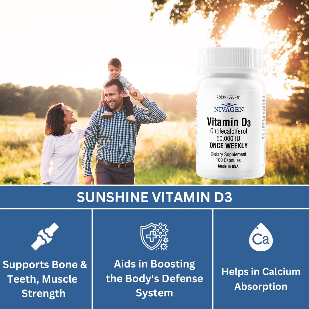 Nivagen Vitamin D3 50,000 IU (1250 mcg) | Once Weekly Dose | 100 Capsules (100 Weeks, Approx. 2 Years Supply) | Easy to Swallow | Bone, Muscle