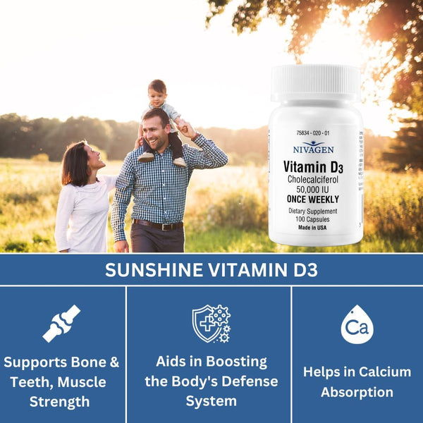Nivagen Vitamin D3 50,000 IU (1250 mcg) | Once Weekly Dose | 100 Capsules (100 Weeks, Approx. 2 Years Supply) | Easy to Swallow | Bone, Muscle