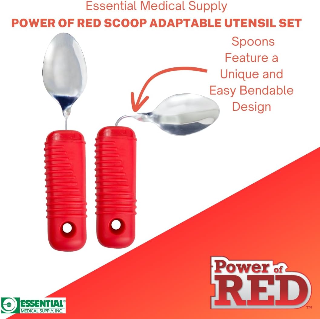 Essential Medical Supply Power of Red Adaptive Utensil Set - Bendable Fork, Spoon, and Rocker Knife with Large Soft Handles for Arthritis, Orthopedic