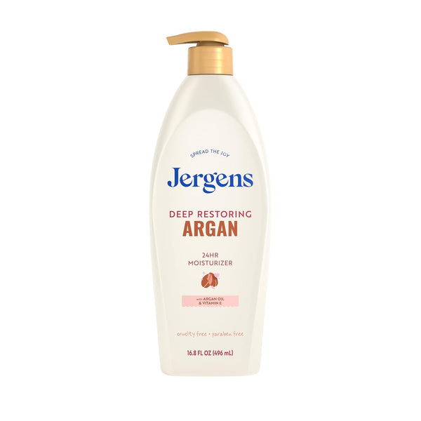 Jergens Deep Restoring Argan Oil Moisturizer, Soothing Body and Hand Lotion with Reviving Argan Oil and Vitamin E, Oil-Infused, Dermatologist Tested