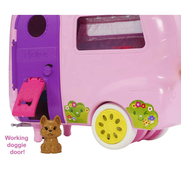 Barbie Club Chelsea Pink Camper Playset, Blonde Small Doll, Pet, Car & 10+ Accessories, Toy for 3 Years and Up