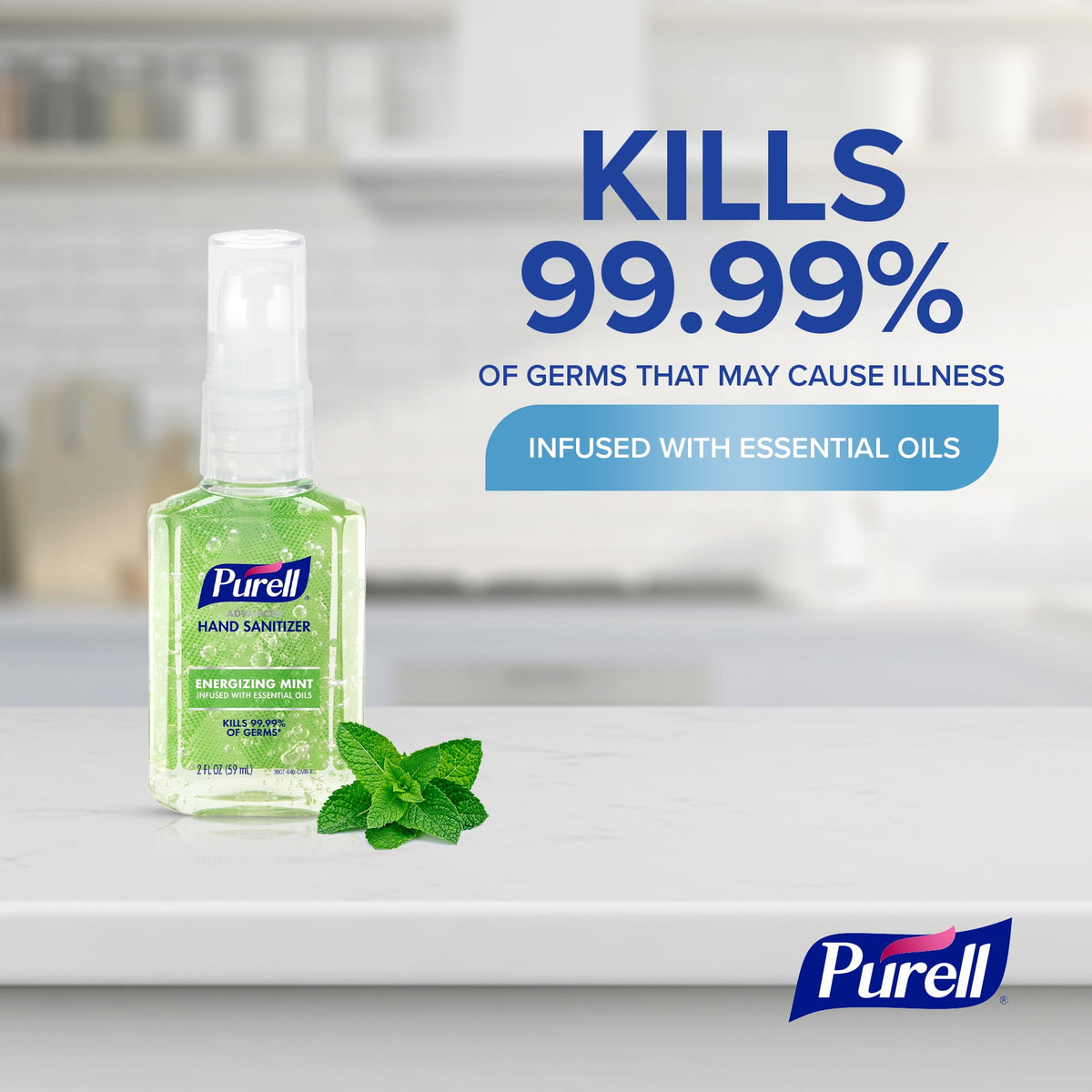 Purell Advanced Hand Sanitizer Energizing Mint, Infused with Essential Oils, 2 oz Pump Bottle