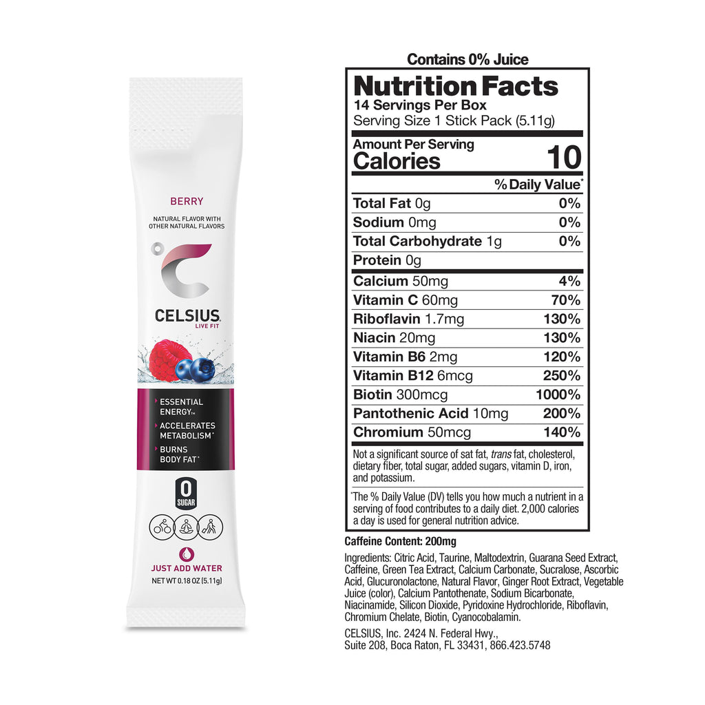 CELSIUS On The Go Energy Drink Mix, Berry (14 Stick Pack)