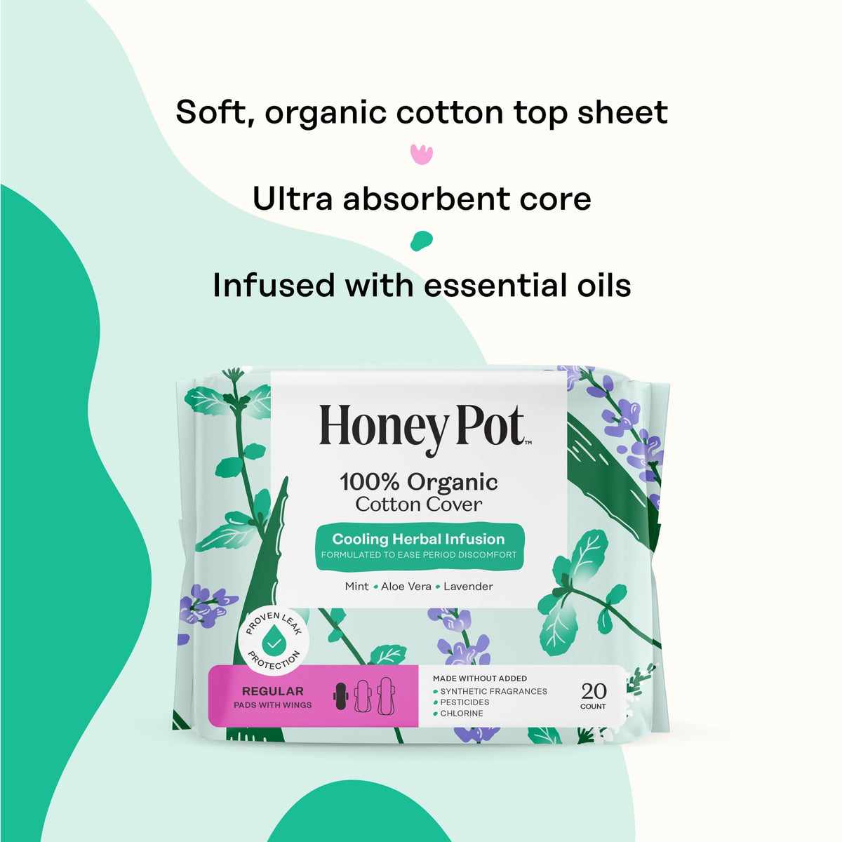 Honey Pot 100% Organic Cotton Cover Cooling Herbal Infusion Regular Pads, 20 Count