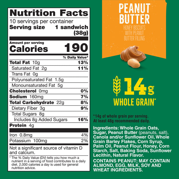 Nature Valley Biscuit Sandwiches, Peanut Butter, Snack Bars, 10 Bars, 13.5 oz