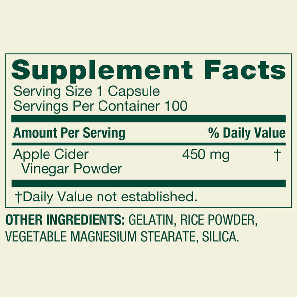 Spring Valley Apple Cider Vinegar Dietary Supplement Capsules, 450 mg, 100 Count