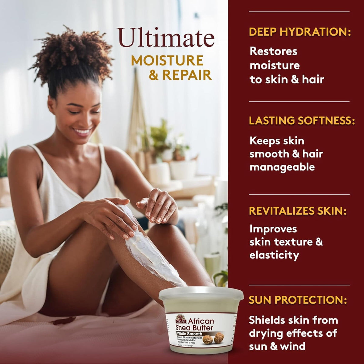 Okay Pure Naturals African Shea Butter Jar, Natural Body Moisturizer and Hair Conditioner, White, 13 oz