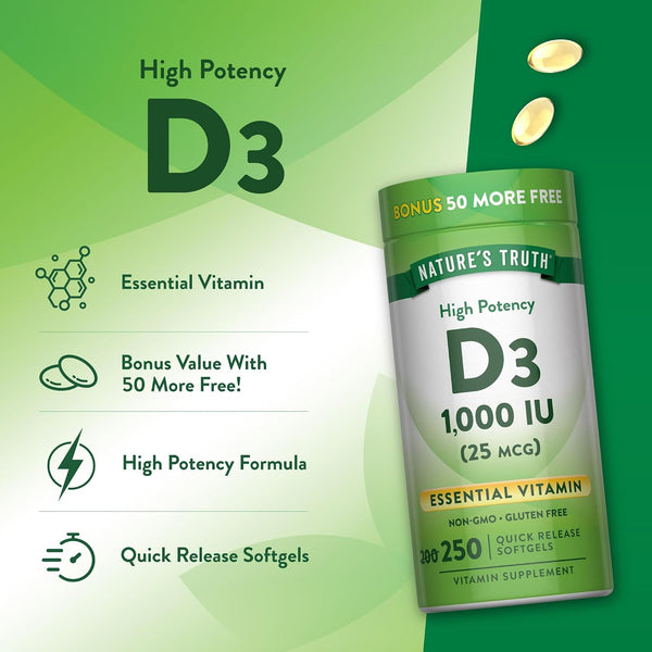 Nature's Truth D3 1000 IU | 250 Softgels | Essential Vitamin D