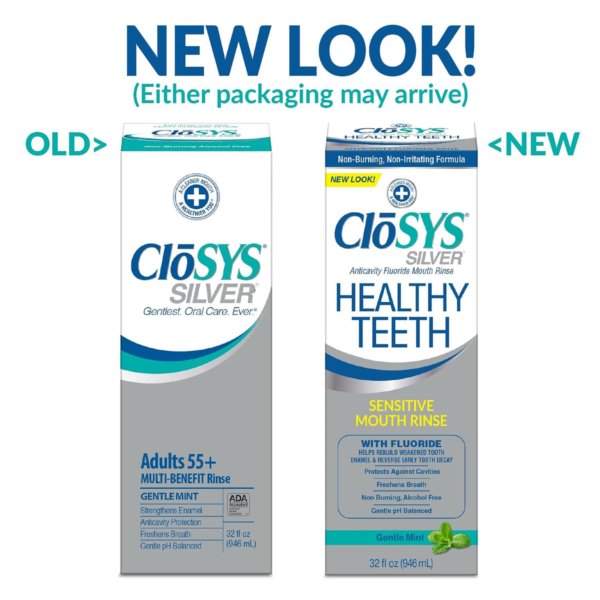 CloSYS Healthy Teeth Oral Rinse Mouthwash - 32 Fl Oz & Silver Fluoride Toothpaste for Adults 55+, 3.4 Ounce, Gentle Mint, Travel Size, TSA Compliant