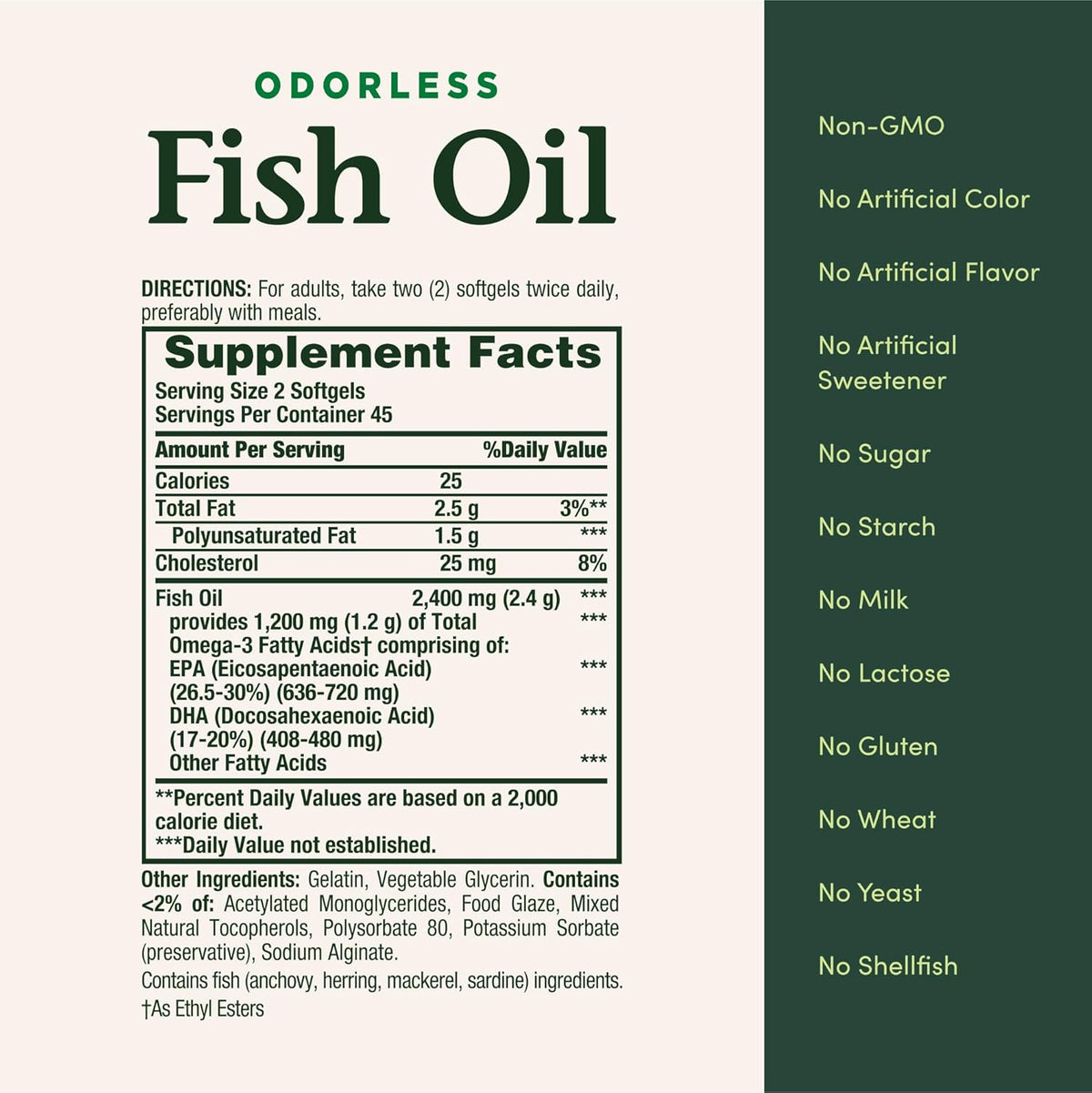 Nature's Bounty Odorless Fish Oil, 1200mg Omega-3 per Serving Including EPA & DHA, Supports Heart Health, Purified to Eliminate Mercury, Coated