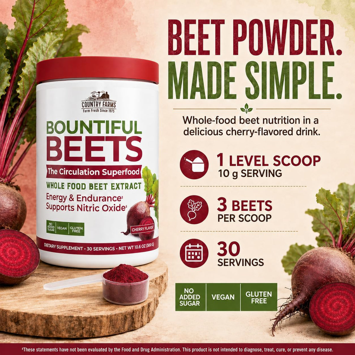 Country Farms Bountiful Beets, Wholefood Beet Extract Superfood, Helps Support Healthy Circulation and Promote Energy, Nitric Oxide Boost, Cherry