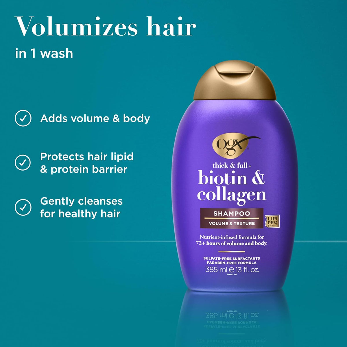 OGX Thick & Full + Biotin & Collagen Volumizing Shampoo, Nutrient-Infused Hair Shampoo with Vitamin B7 Biotin Gives Hair Volume & Body for 72+ Hours