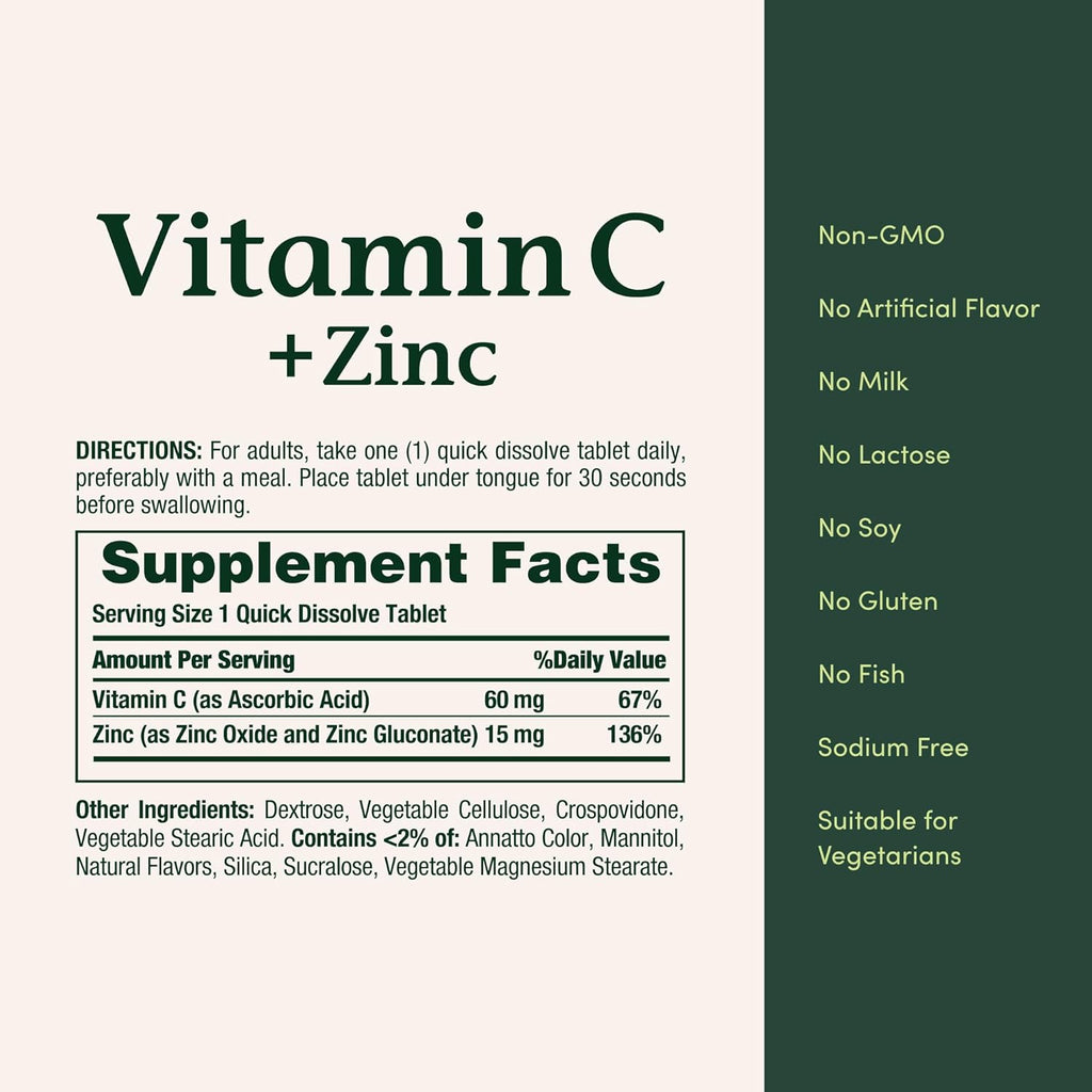 Nature's Bounty Vitamin C + Zinc, Vitamin Supplement, 60mg, 60 Tablets