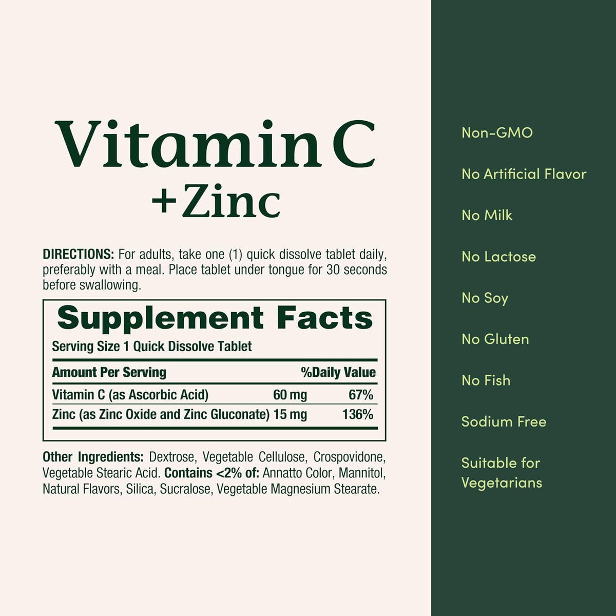 Nature's Bounty Vitamin C + Zinc, Vitamin Supplement, 60mg, 60 Tablets