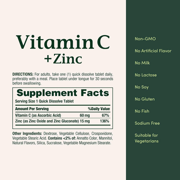 Nature's Bounty Vitamin C + Zinc, Vitamin Supplement, 60mg, 60 Tablets