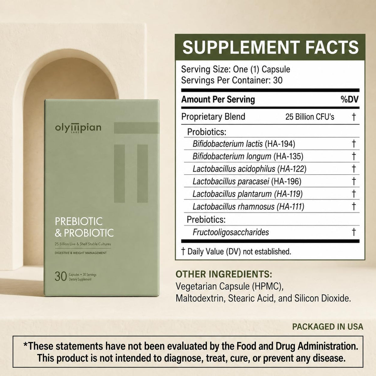 Olympian Labs Complete Prebiotics and Probiotics for Women & Men - 25 Billion CFU, 6 Strains - Immune, Digestive & Gut Health - Supports Gas