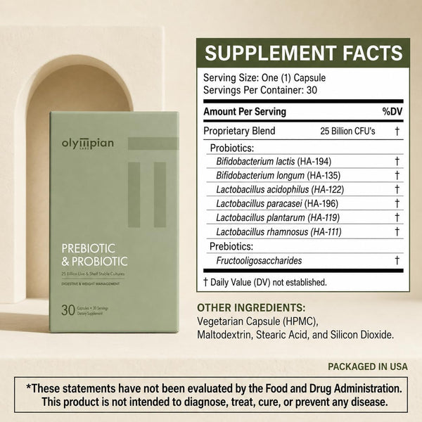 Olympian Labs Complete Prebiotics and Probiotics for Women & Men - 25 Billion CFU, 6 Strains - Immune, Digestive & Gut Health - Supports Gas