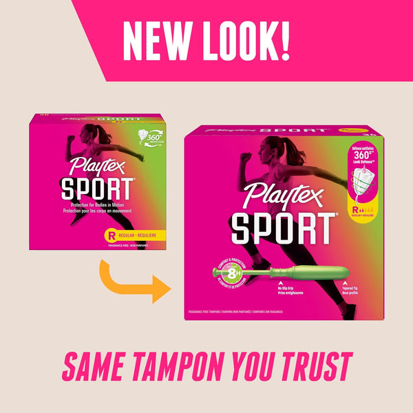 Playtex Sport Tampons Regular Absorbency, Fragrance-Free - 18ct | Regular Tampons for Women, Feminine Care, Playtex Tampon with 360 Leak Defense
