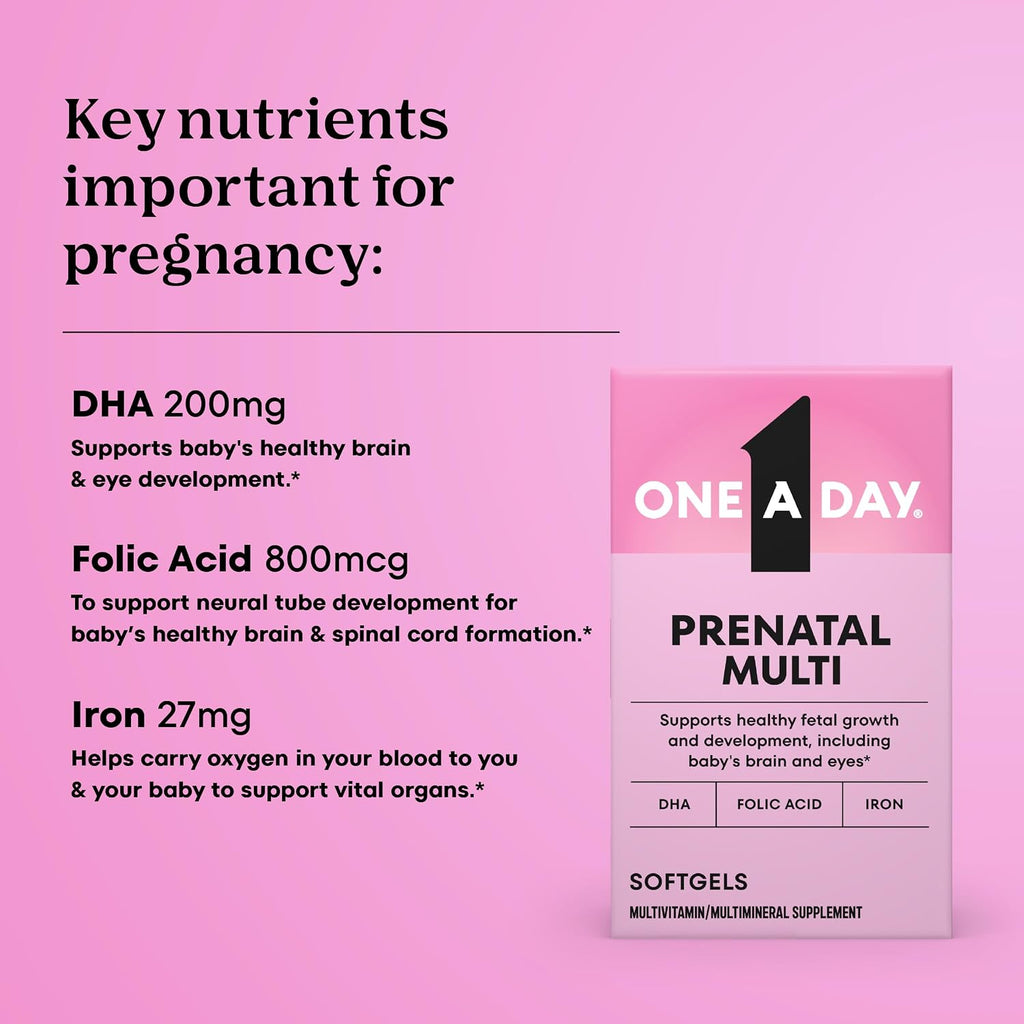 One A Day Prenatal Vitamins- Folic Acid, Iron, Omega- 3 (DHA), Pregnancy Vitamins for Women, Prenatal Multivitamin for Mom and Baby Support, Pregnancy