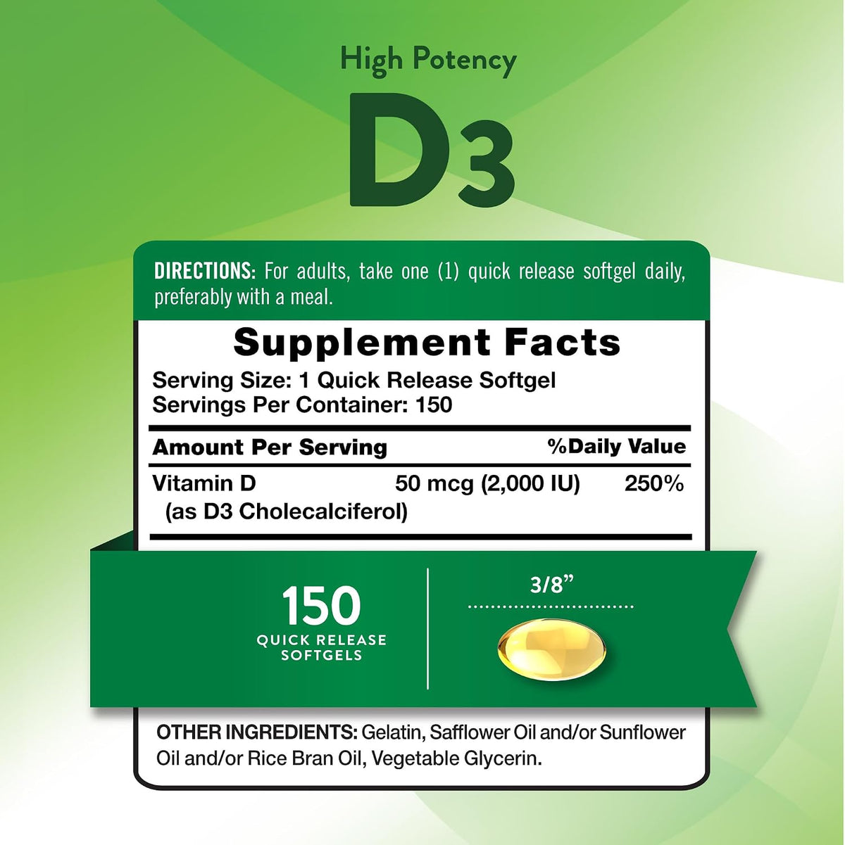 Nature's Truth Vitamin D3 2000 IU Softgels for Adults | 150 Count