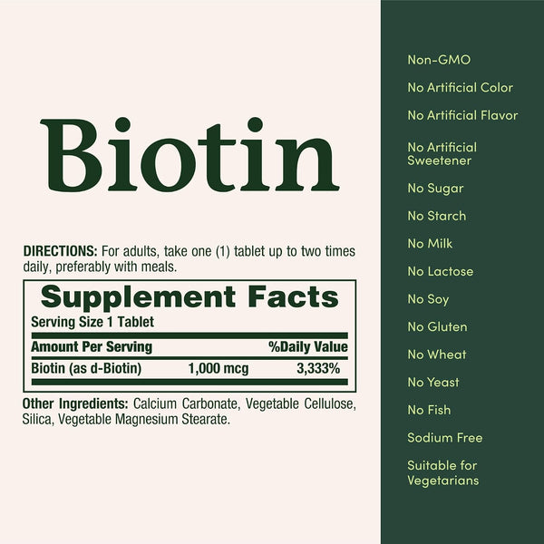 Nature's Bounty Biotin, 1000 mcg, 100 Tablets
