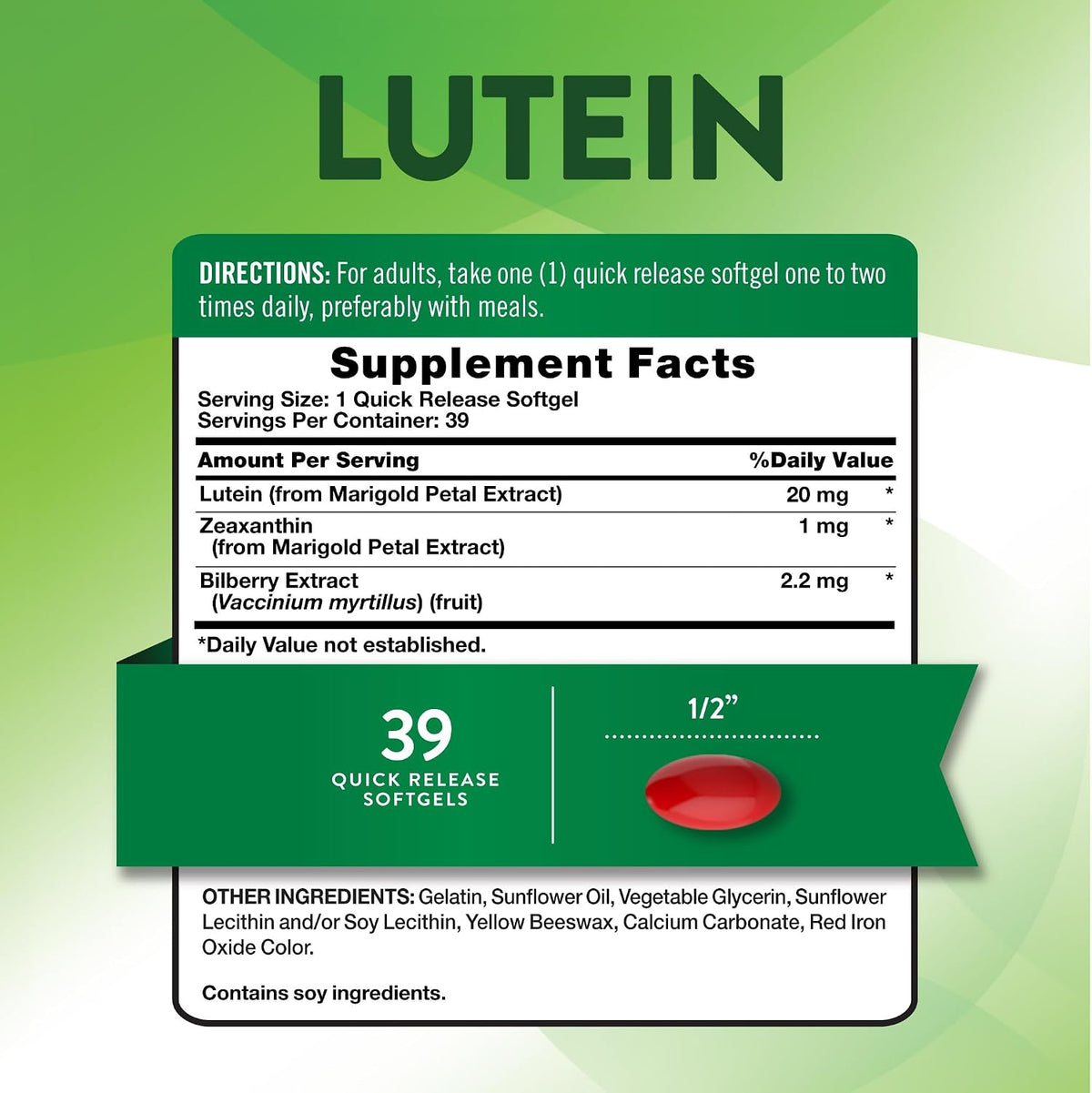 Nature's Truth Lutein and Zeaxanthin | 20 mg | 39 Softgels | with Bilberry