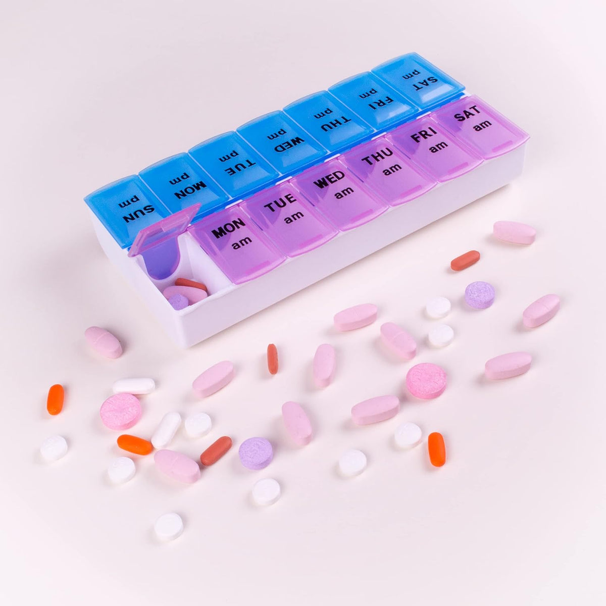 Apex Weekly AM/PM Medication Dispenser, 7-Day Twice-A-Day Pill Organizer with Easy-Open Lids (Color May Vary)