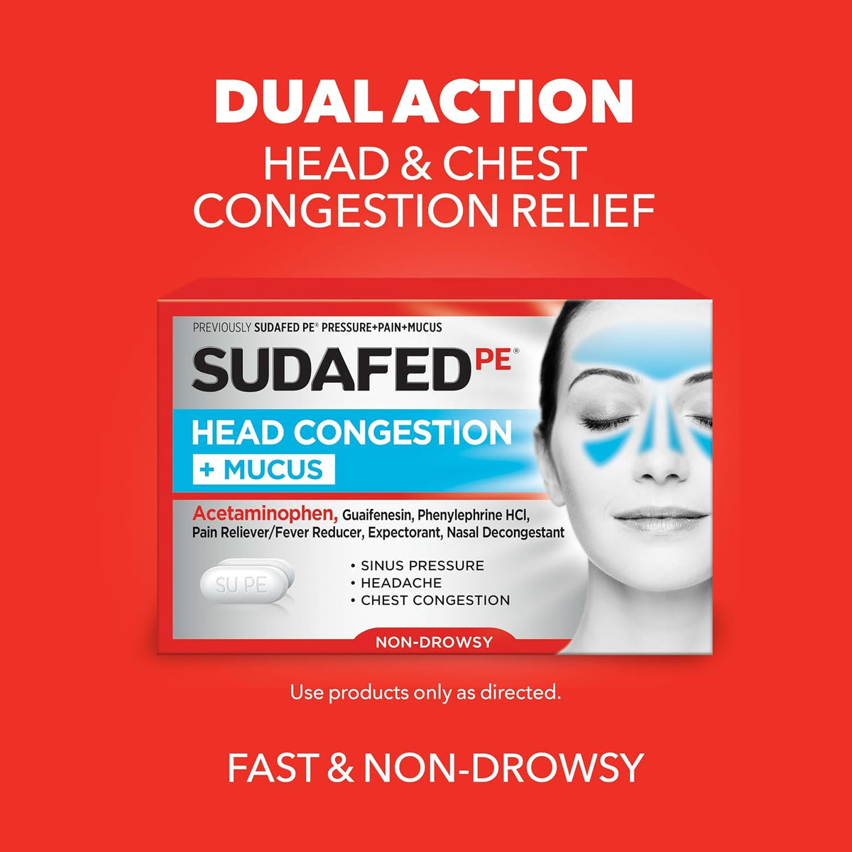 Sudafed PE Head Congestion + Mucus Relief Tablets, Non-Drowsy, 24 Ct