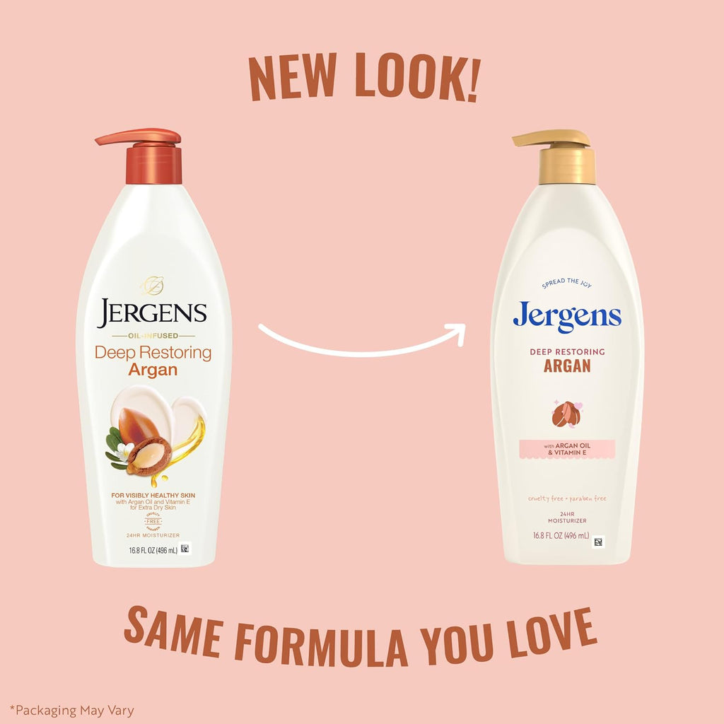 Jergens Deep Restoring Argan Oil Moisturizer, Soothing Body and Hand Lotion with Reviving Argan Oil and Vitamin E, Oil-Infused, Dermatologist Tested