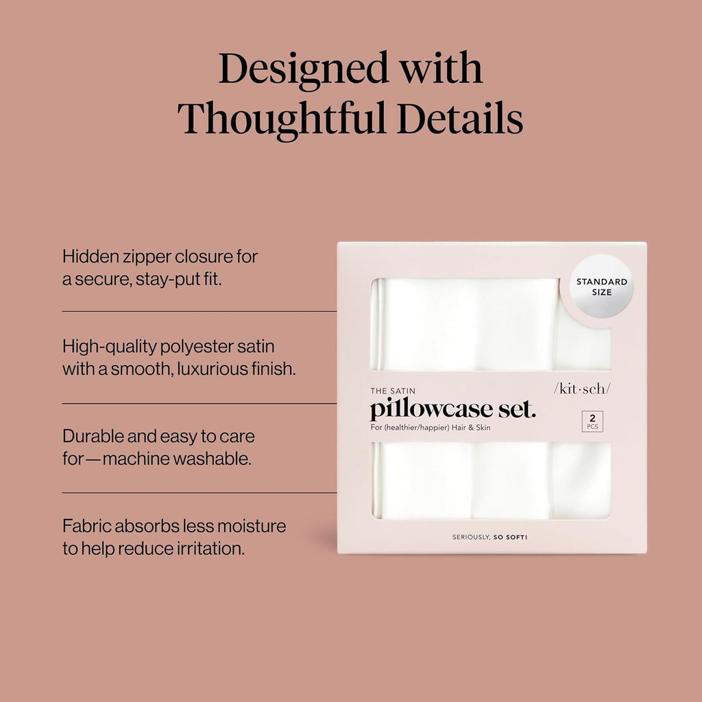 Kitsch Satin Pillowcase with Zipper Standard Size Ivory 2-Pack