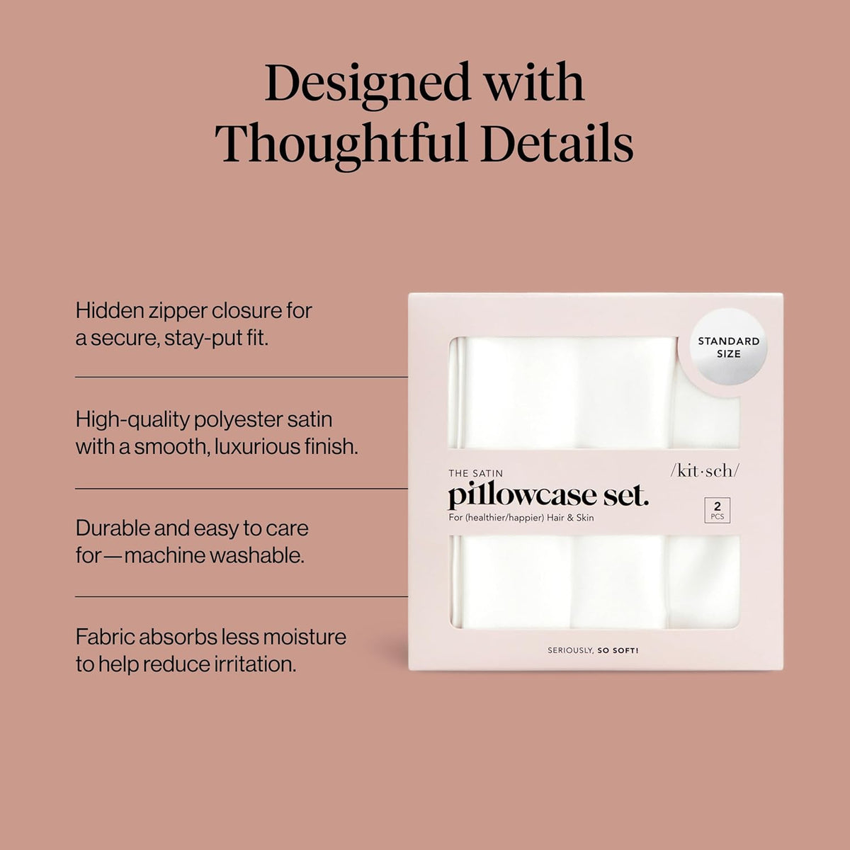 Kitsch Satin Pillowcase with Zipper Standard Size Ivory 2-Pack