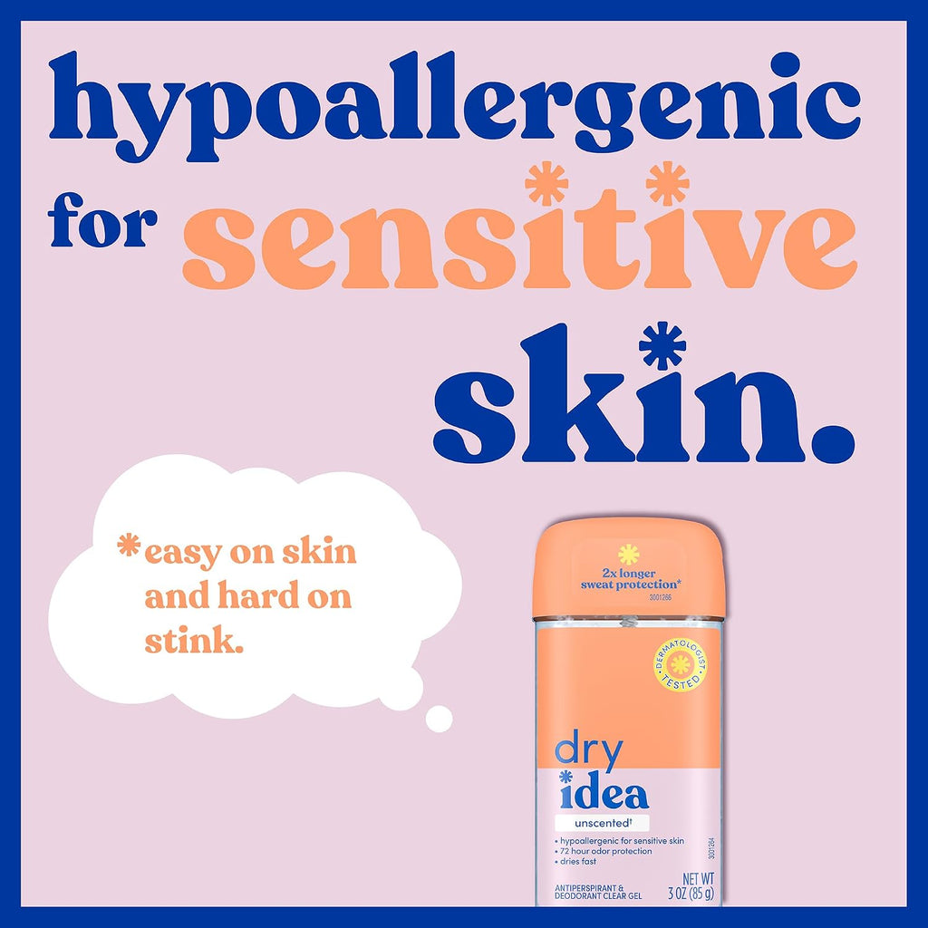 Dry Idea Gel Deodorant & Antiperspirant for Women - Hypoallergenic for Sensitive Skin, 2X Longer Sweat Protection*, 72Hr Odor Control, Unscented
