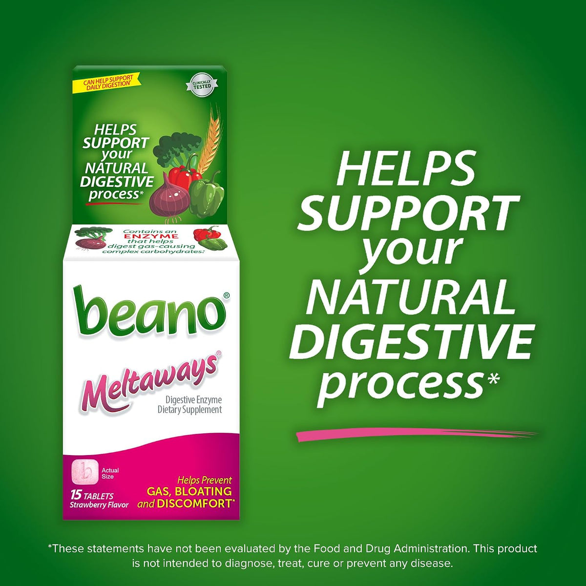 Beano Meltaways Digestive Enzyme, Helps Prevent Gas & Bloating, 15 Tablets