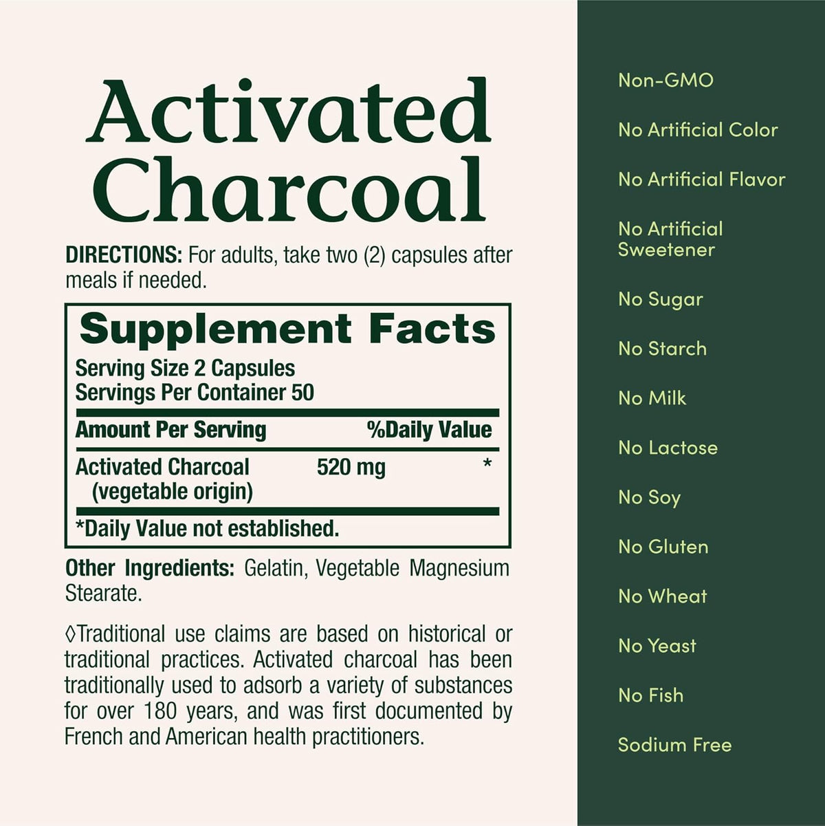 Nature's Bounty Activated Charcoal 260 mg, 100 Capsules
