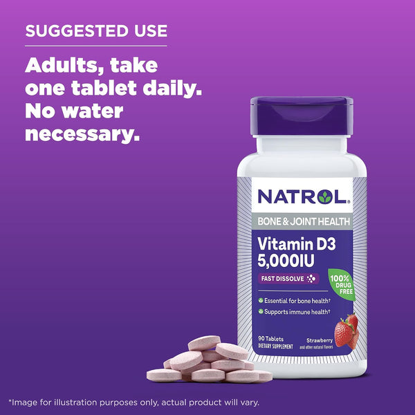 Natrol Vitamin D3 5,000 IU Fast Dissolve, Bone & Joint Health, 90 Tablets