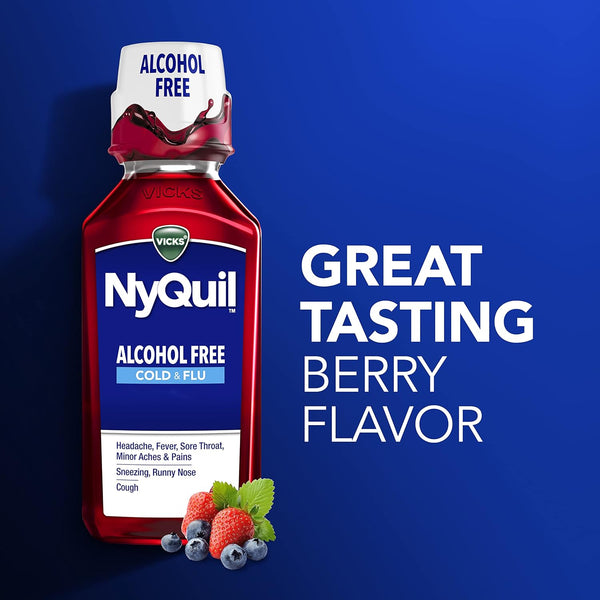 Vicks NyQuil, Alcohol Free, Cough, Cold & Flu Relief, Sore Throat, Fever & Congestion Relief, Berry, 12 Fl Oz