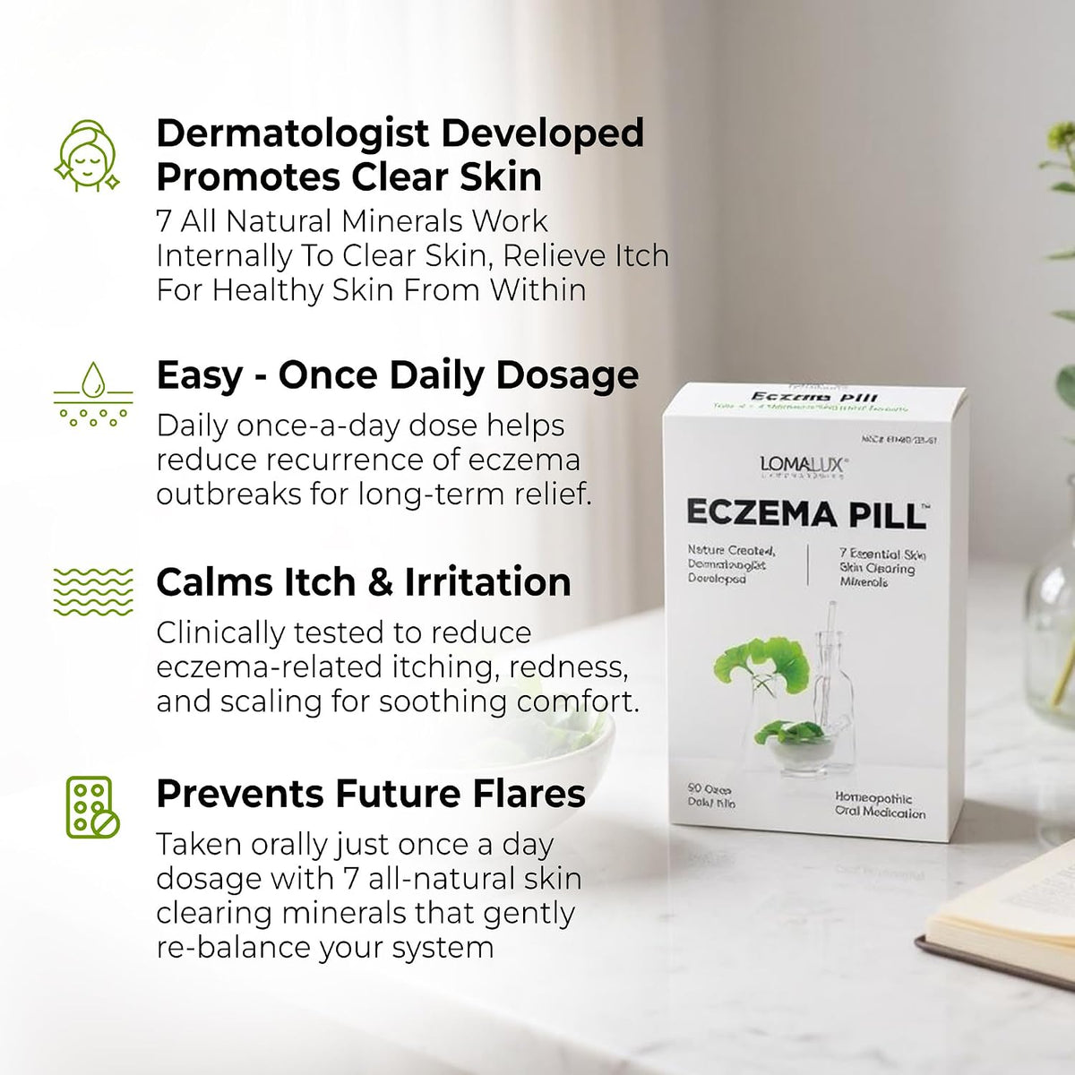 Loma Lux Eczema Pills for Rash & Itchy Skin Relief with 7 Minerals,60 Ct