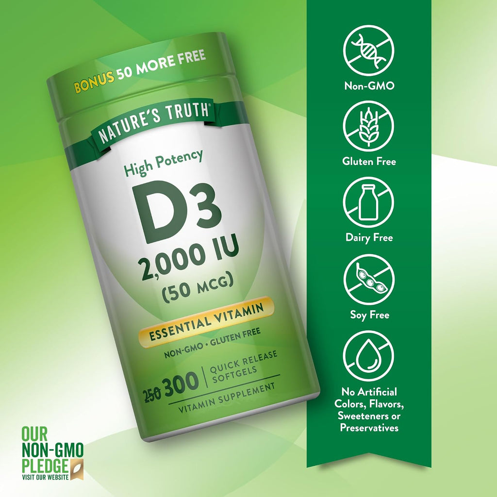 Nature's Truth Vitamin D3 2000 IU | 300 Softgels | High Potency Formula