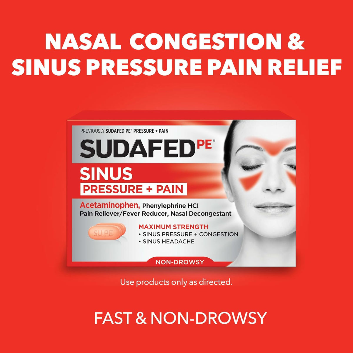Sudafed PE Sinus Pressure + Pain Relief Tablets, Non-Drowsy, 24 Ct