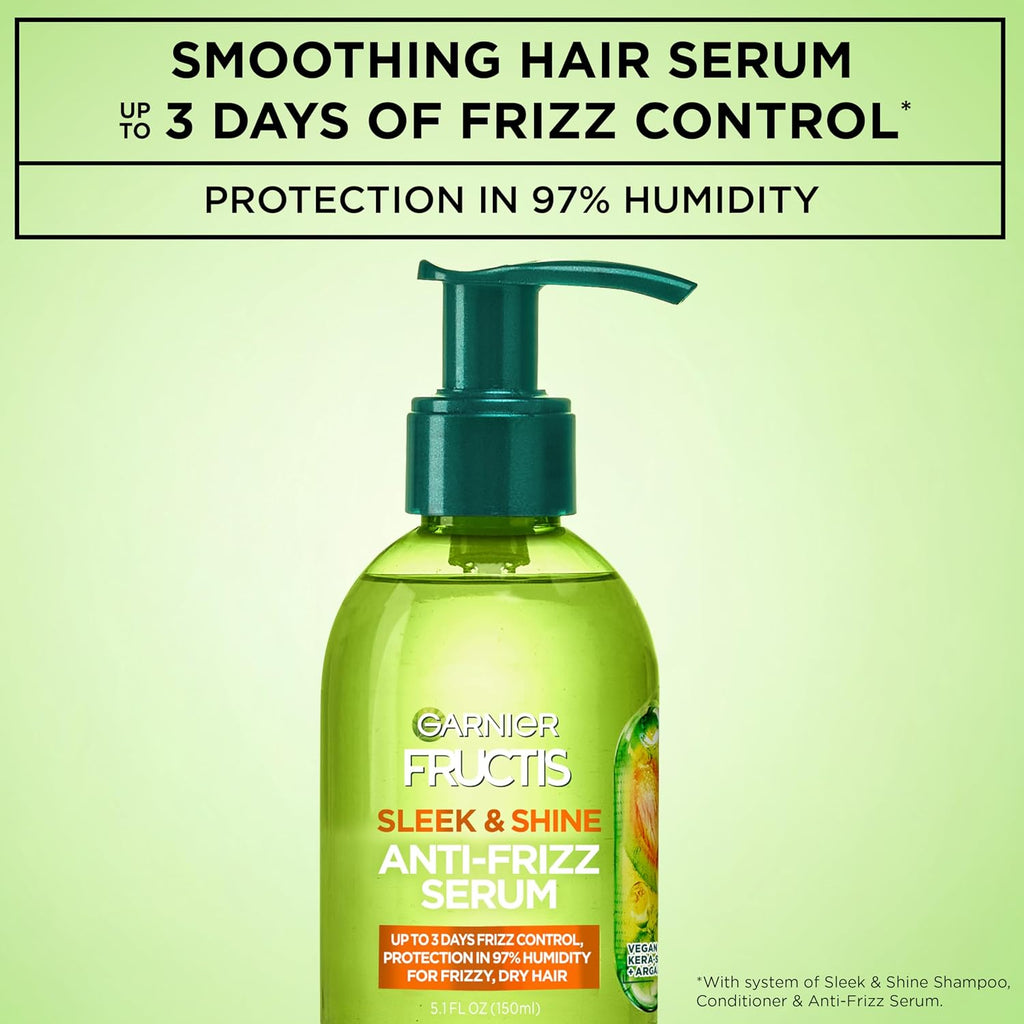 Garnier Fructis Sleek & Shine Anti-Frizz Hair Serum for Frizzy, Dry Hair, Leave-In Argan Oil Infused Formula with Up to 72HRs of Frizz Control