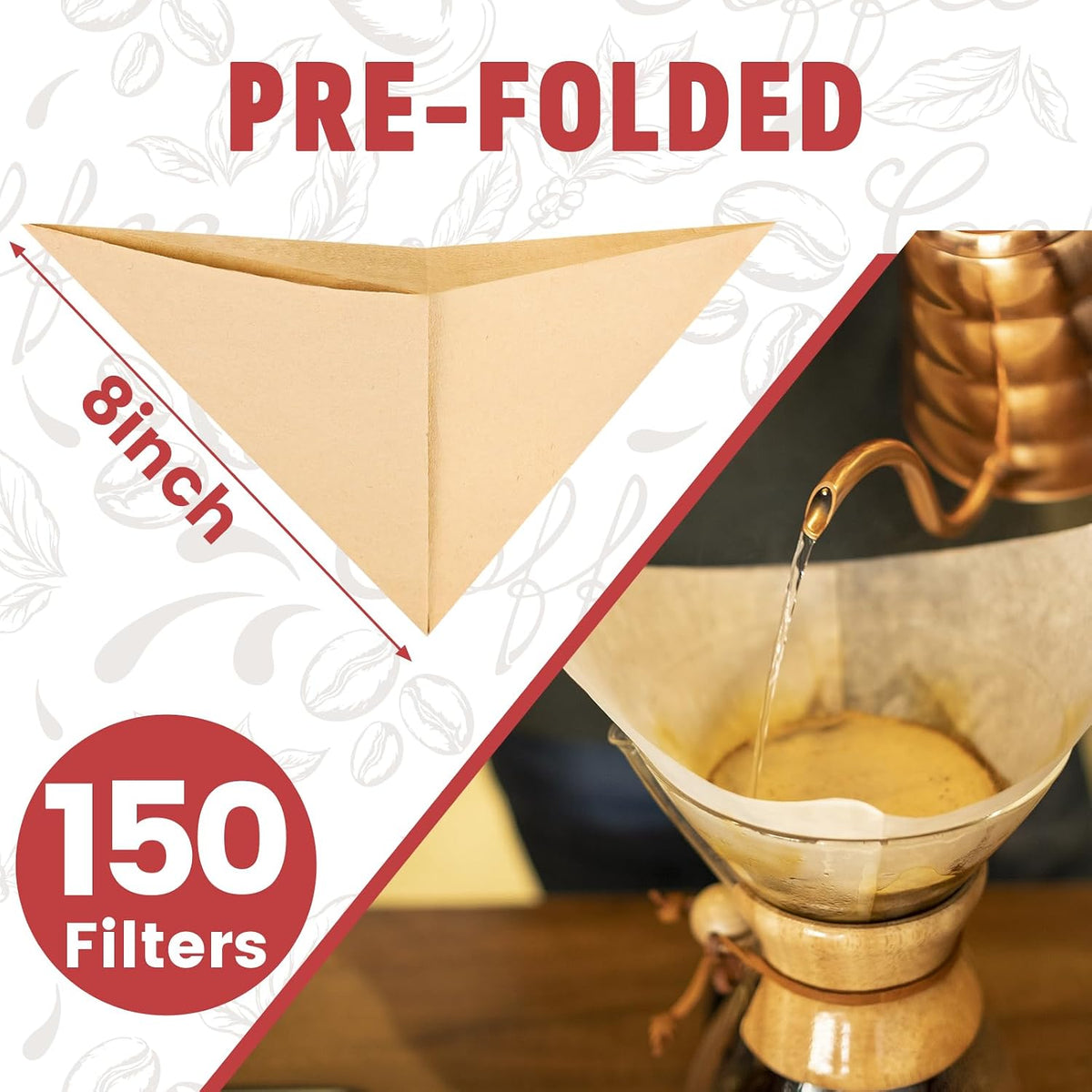 Phyyixs Pre-Folded Unbleached Cone Coffee Filters for Chemex 5-13 Cup Pour-Over Coffee Makers 150 Pack