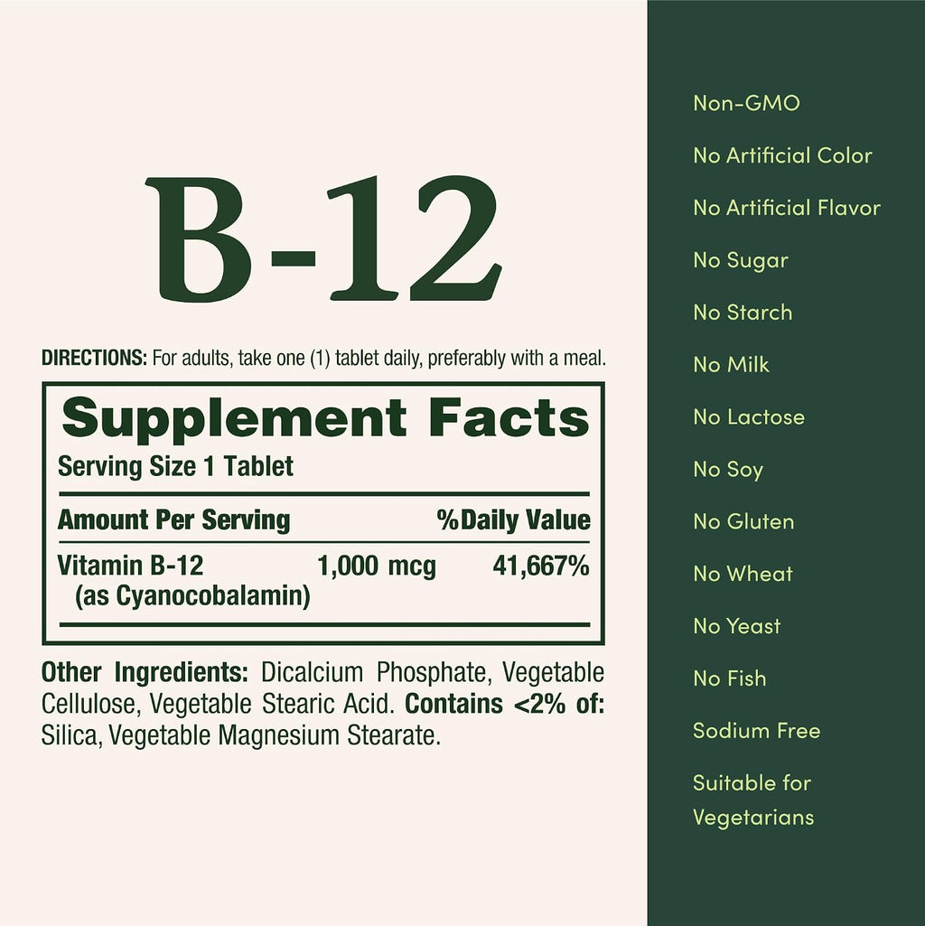 Nature's Bounty Vitamin B12 1000 mcg Supplements, Supports Energy Metabolism, 100 Tablets