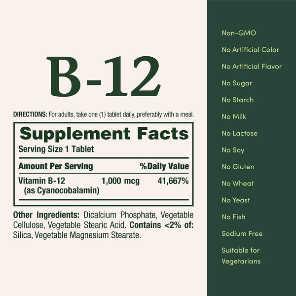 Nature's Bounty Vitamin B12 1000 mcg Supplements, Supports Energy Metabolism, 100 Tablets